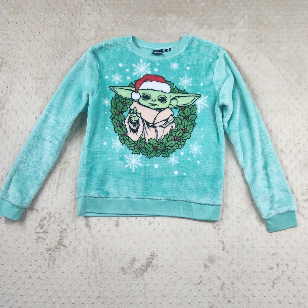Women's Star Wars Holiday Christmas Fleece Soft Sweatshirt Teal Baby Yoda Size M